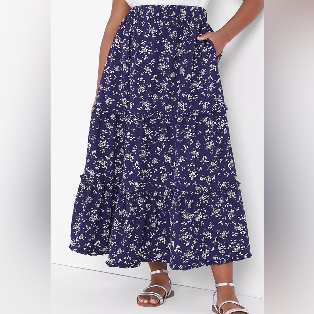 Lane Bryant Navy Mini Bouquet  Tiered Maxi Skirt